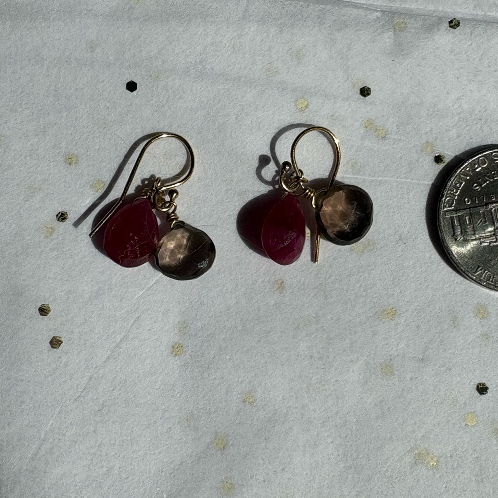 Gold Dangle Earrings with Pink and Smoky Gemstone Drops
